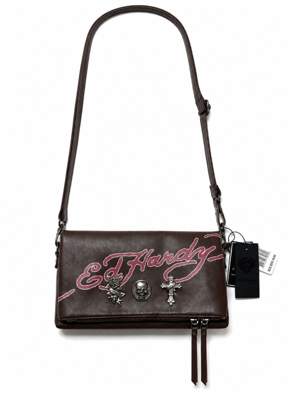 Ed Hardy Brown Skull Rose Crossbody Clutch Fold Over Convertible Bag NWT
